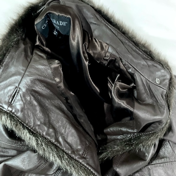 π» Very Chic Genuine Leather Coat, Full Knee Length, Fur Trim, Brown. L, Large - Picture 6 of 12